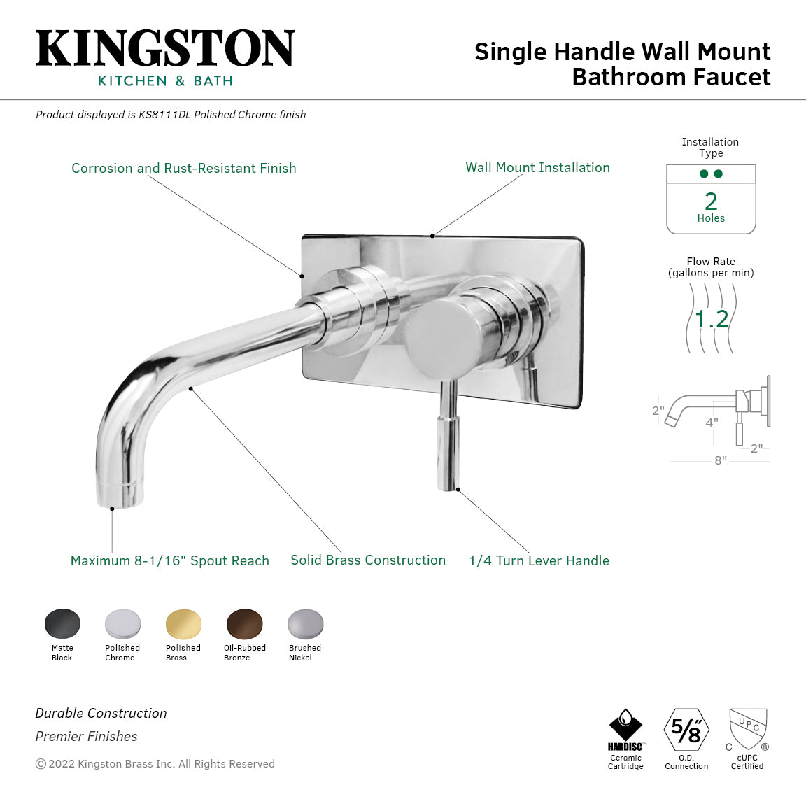 Kingston Sona KS8112DL - Concord Single-Handle 2-Hole Wall Mount Bathroom Faucet, Polished Brass — thumbnail 3